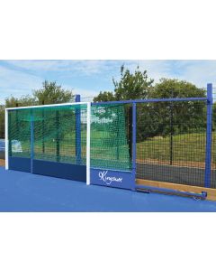 Fence folding outdoor hockey goals in the folded position